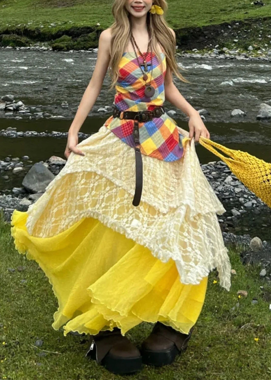Unique Asymmetrical Patchwork Cotton Two Piece Set Clothing Summer