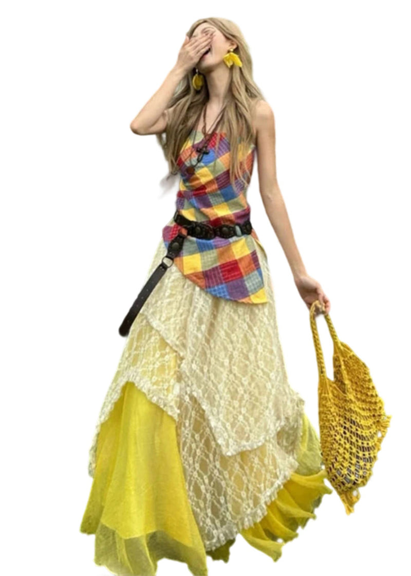 Unique Asymmetrical Patchwork Cotton Two Piece Set Clothing Summer