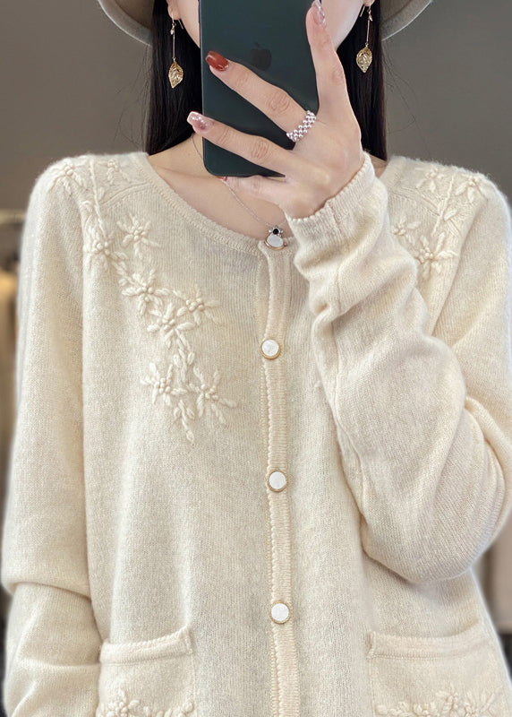 Unique Beige Button Cashmere Knit Cardigan Long Sleeve