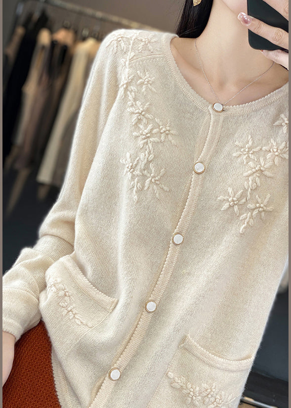 Unique Beige Button Cashmere Knit Cardigan Long Sleeve