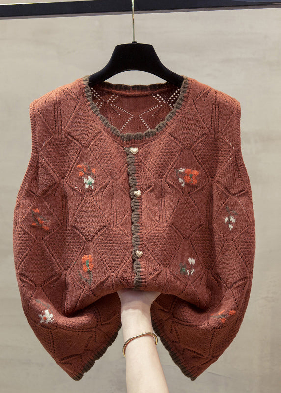 Unique Beige O-neck Embroidered Cotton Knit Waistcoat Fall