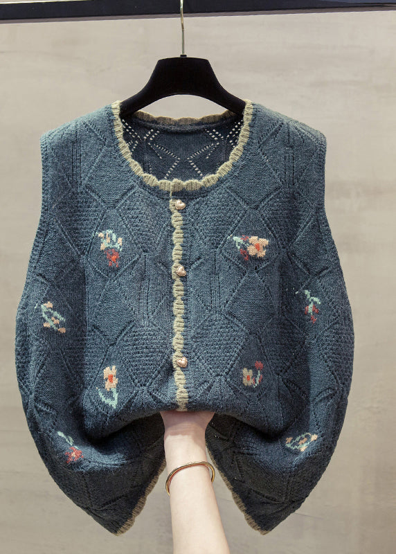 Unique Beige O-neck Embroidered Cotton Knit Waistcoat Fall