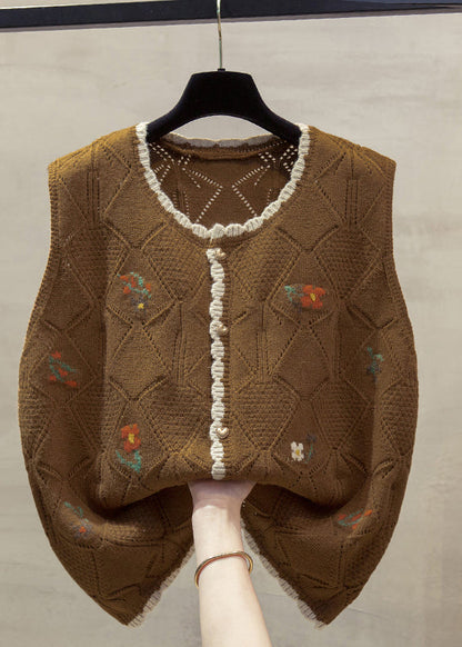 Unique Beige O-neck Embroidered Cotton Knit Waistcoat Fall