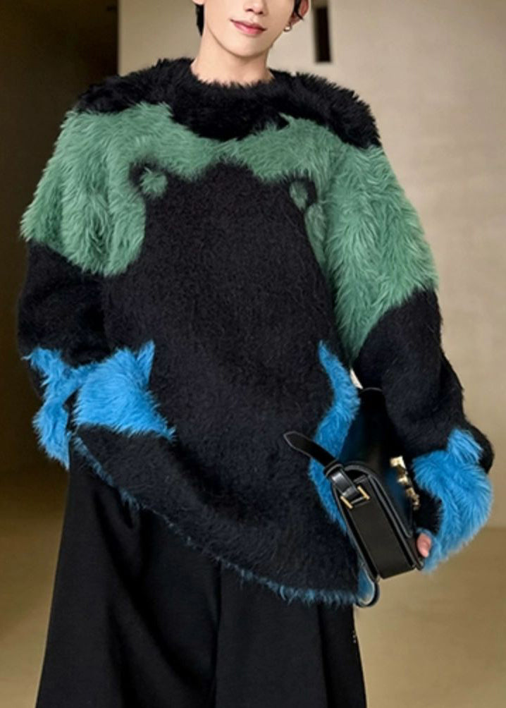 Unique Black Cozy Patchwork Sweater Pullover Winter
