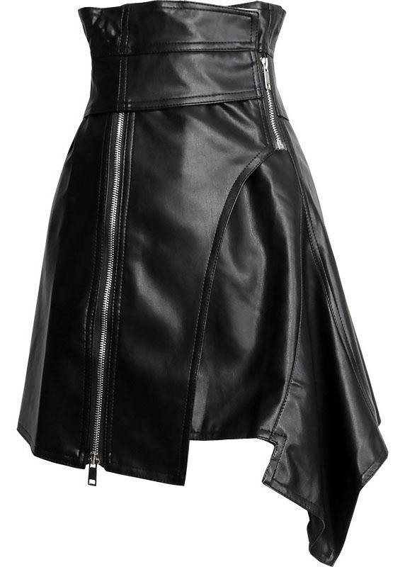 Unique Black High Waist Zippered Asymmetrical Pu Skirts