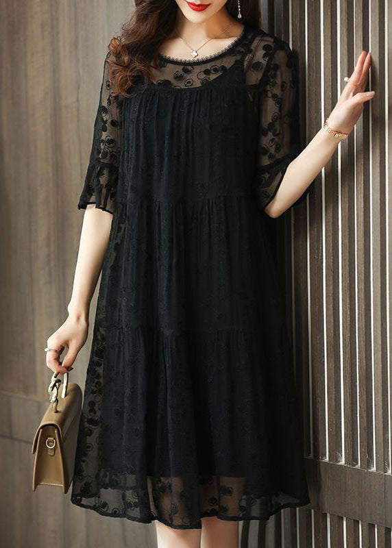 Unique Black O-neck Embroidered Patchwork Tulle Dress Half Sleeve
