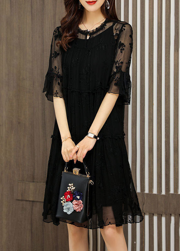 Unique Black O-neck Embroidered Patchwork Tulle Dress Half Sleeve