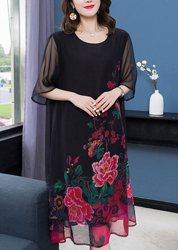 Unique Black O Neck Print Patchwork Chiffon Dresses Summer
