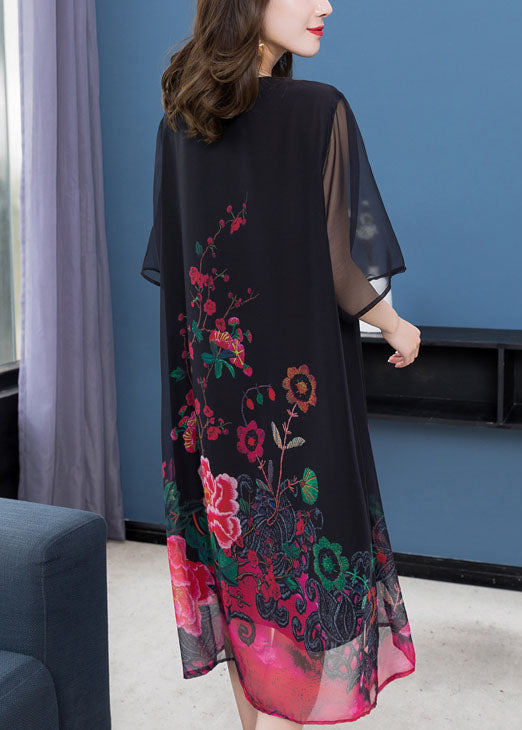 Unique Black O Neck Print Patchwork Chiffon Dresses Summer
