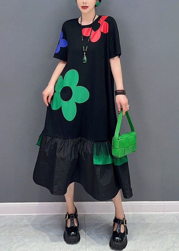 Unique Black O Neck Wrinkled Patchwork Cotton Dress Summer