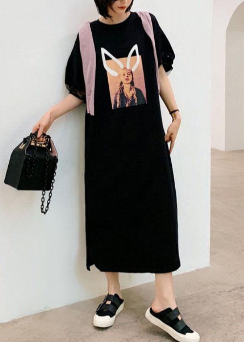 Unique Black O-neck Puff Sleeve Summer Character Long Dress