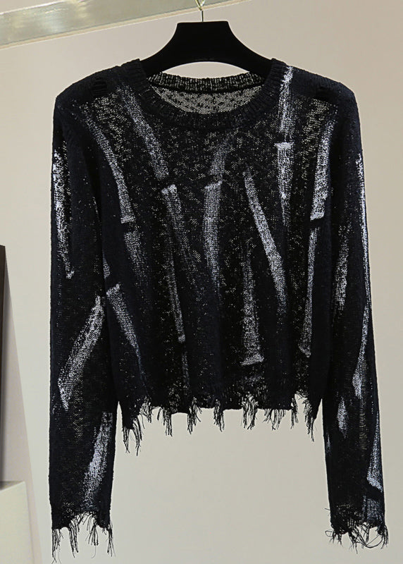 Unique Black O-neck Striped Hole Cotton Knit Sweaters Spring
