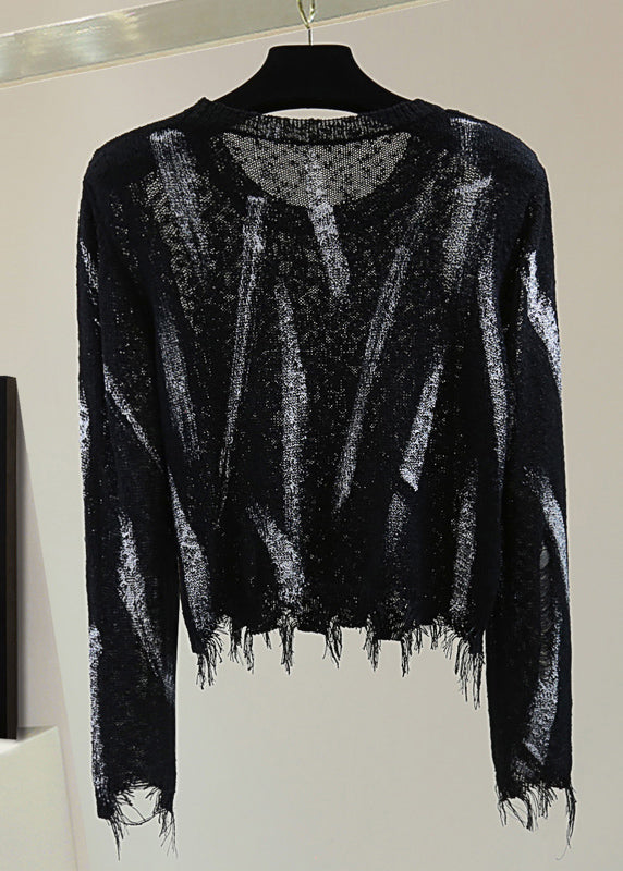 Unique Black O-neck Striped Hole Cotton Knit Sweaters Spring