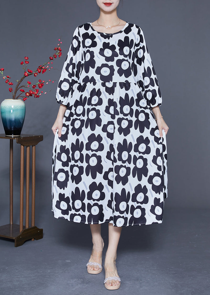 Unique Black O-neck Sunflower Print Silk Dresses Bracelet Sleeve