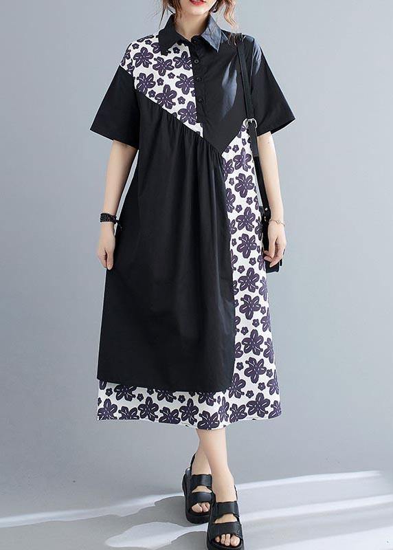 Unique Black Patchwork Print Peter Pan Collar Summer Chiffon Dress