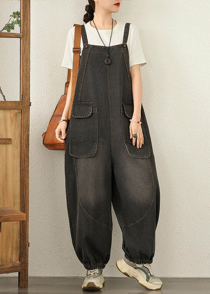 Unique Black Pockets Loose Denim Jumpsuit Spring