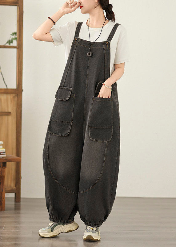 Unique Black Pockets Loose Denim Jumpsuit Spring