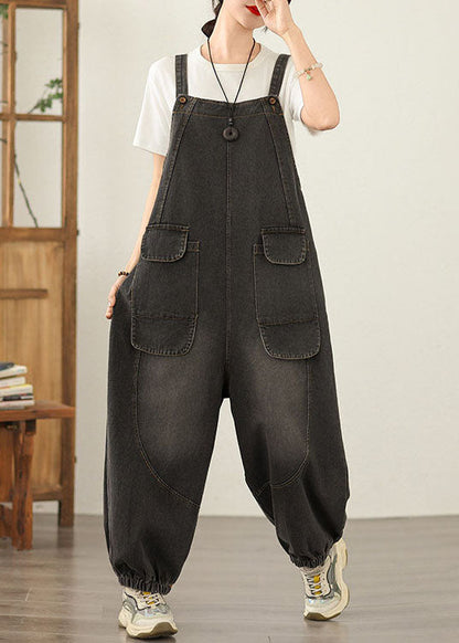 Unique Black Pockets Loose Denim Jumpsuit Spring