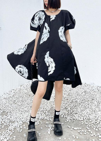 Unique Black Print O Neck Cotton Puff Sleeve Mini Dress Summer