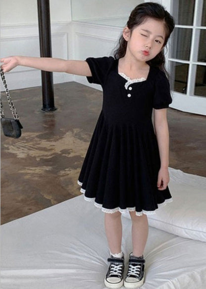 Unique Black Square Collar Lace Patchwork Button Cotton Party Maxi Dress Short Sleeve