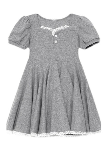 Unique Black Square Collar Lace Patchwork Button Cotton Party Maxi Dress Short Sleeve