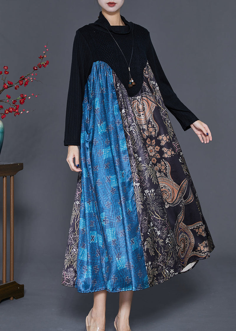 Unique Black Turtle Neck Patchwork Knit Maxi Dresses Fall