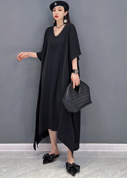 Unique Black V Neck Side Open Chiffon Long Dress and Sequins Long Smock Two Pieces Set Summer