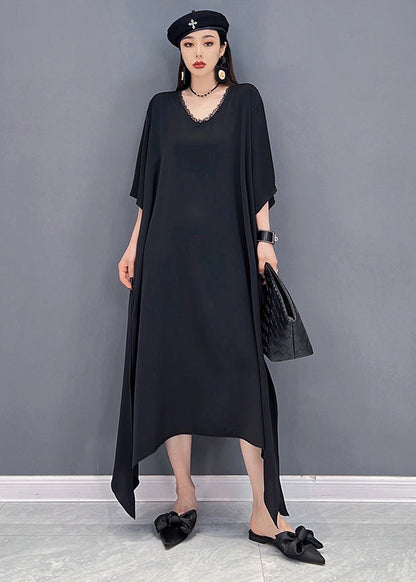 Unique Black V Neck Side Open Chiffon Long Dress and Sequins Long Smock Two Pieces Set Summer