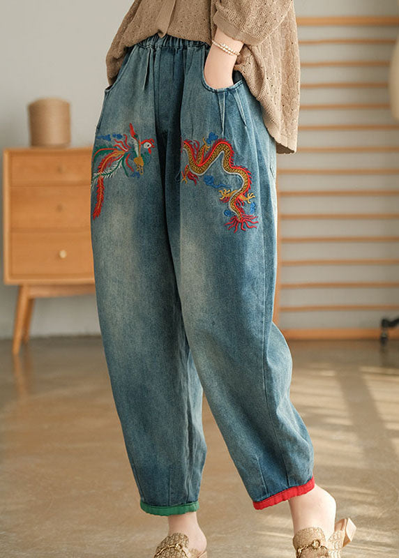 Unique Blue Pockets Embroideried Harem Fall Denim Pants