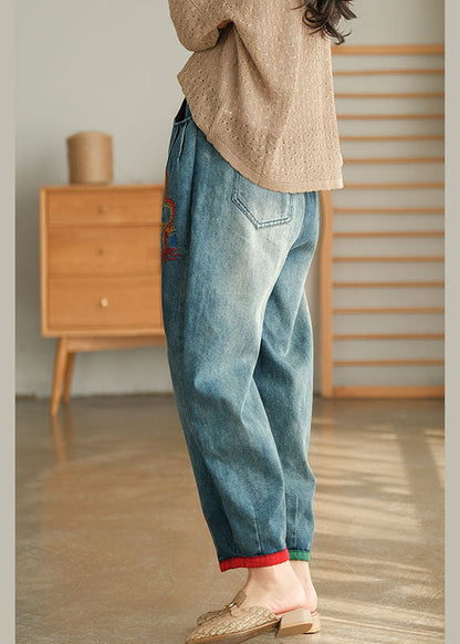 Unique Blue Pockets Embroideried Harem Fall Denim Pants