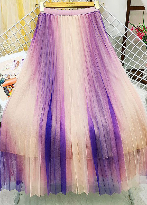 Unique Blue Elastic Waist Gradient Color Wrinkled Tulle a Line Skirts Spring