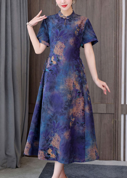 Unique Blue Mandarin Collar Tie Waist Tie Dye Silk Dresses Short Sleeve