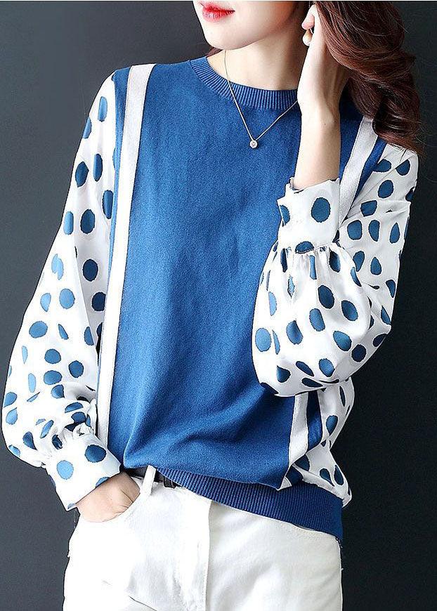 Unique Blue O-neck Oversized Patchwork Chiffon Knit Top Spring
