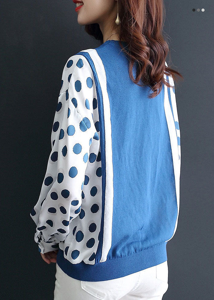 Unique Blue O-neck Oversized Patchwork Chiffon Knit Top Spring