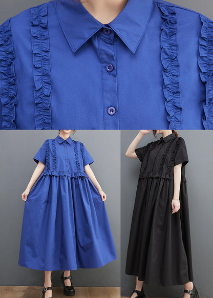 Unique Blue Peter Pan Collar Button Wrinkled Cotton Shirt Dress Short Sleeve