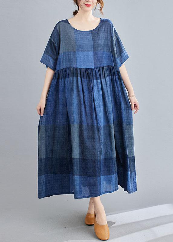Unique Blue Plaid Pockets a Line Summer Maxi Dresses Half Sleeve
