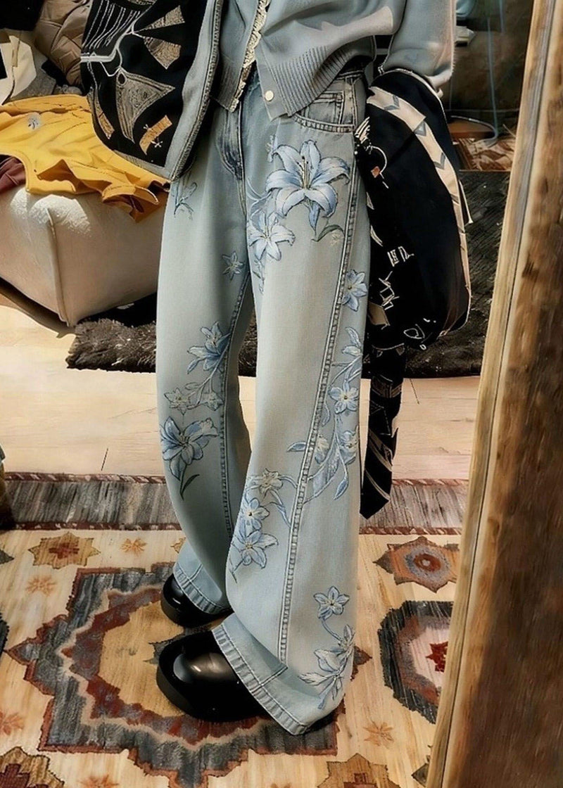 Unique Blue Pockets Print High Waist Denim Pants Spring