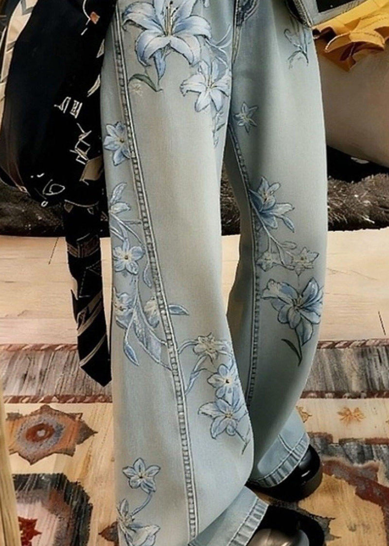 Unique Blue Pockets Print High Waist Denim Pants Spring