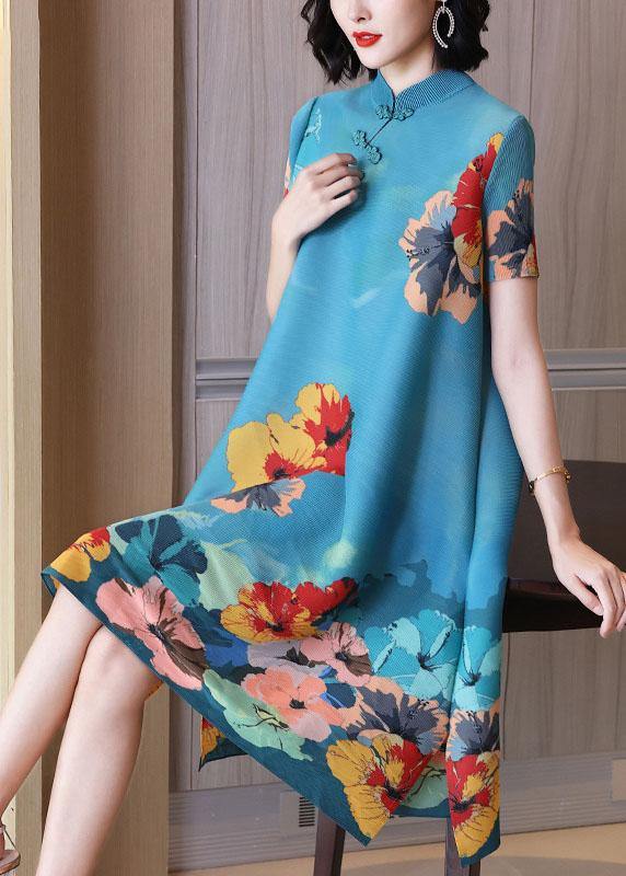 Unique Blue Print Mandarin Collar Maxi Dresses Summer
