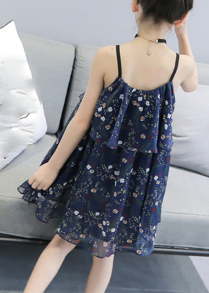 Unique Blue Print Wrinkled Chiffon Slip Mid Sundress Sleeveless