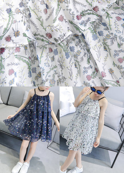 Unique Blue Print Wrinkled Chiffon Slip Mid Sundress Sleeveless