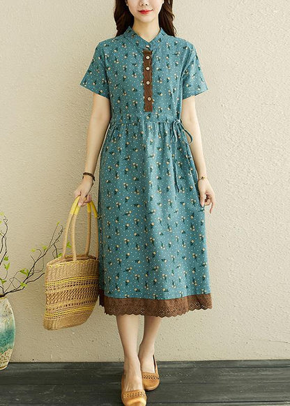 Unique Blue Print Tie Waist Long Summer Cotton Dress