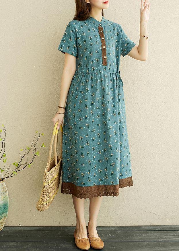 Unique Blue Print Tie Waist Long Summer Cotton Dress