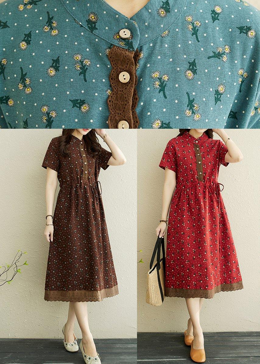 Unique Blue Print Tie Waist Long Summer Cotton Dress