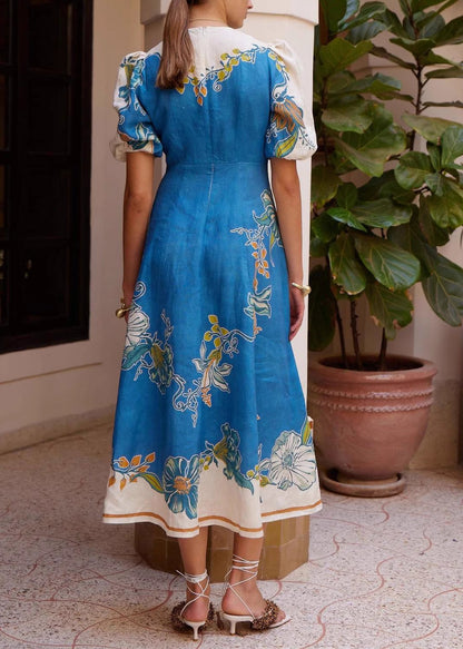 Unique Blue Puff Sleeve Print Linen Robe Dresses