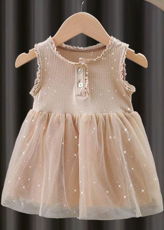Unique Blue Ruffled Button Patchwork Tulle Kids Dresses Sleeveless