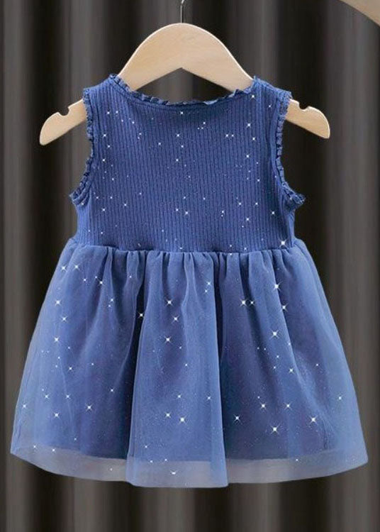 Unique Blue Ruffled Button Patchwork Tulle Kids Dresses Sleeveless