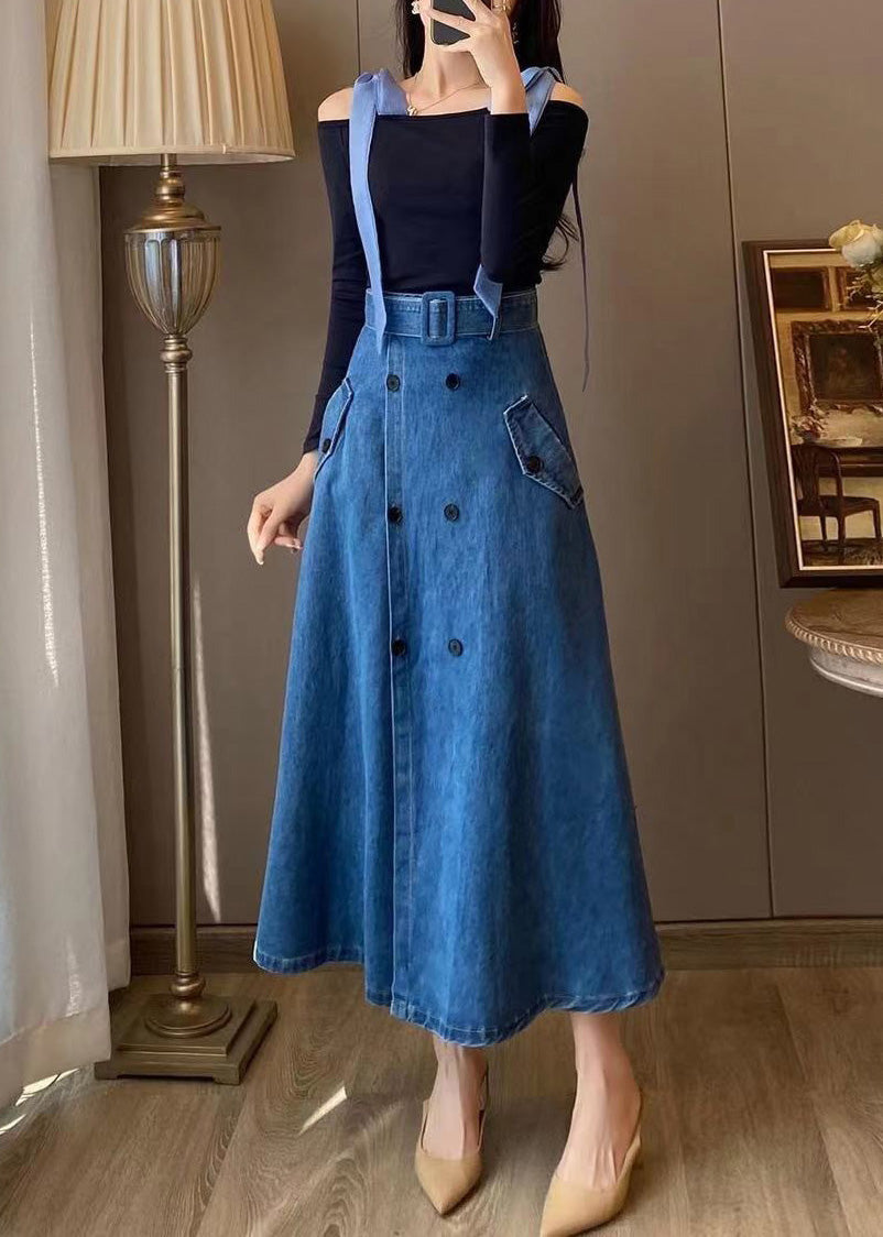 Unique Blue Slash Neck Patchwork Top and Denim Maxi Skirts Two Pieces Set Fall