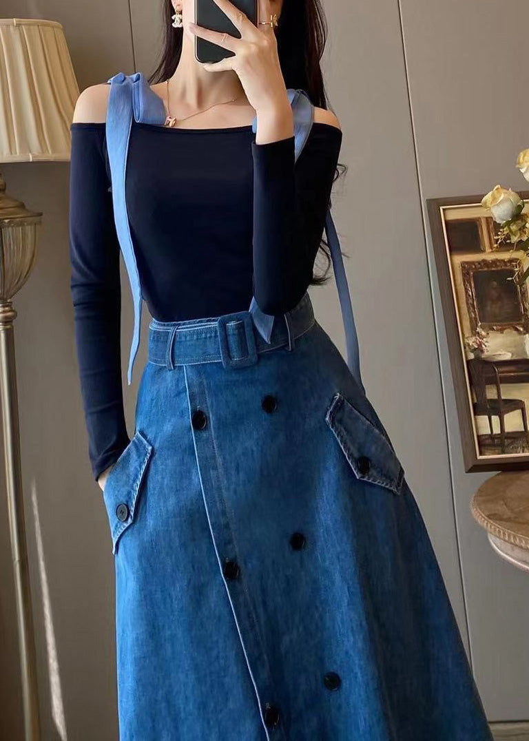 Unique Blue Slash Neck Patchwork Top and Denim Maxi Skirts Two Pieces Set Fall