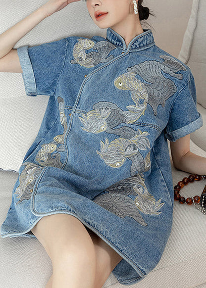 Unique Blue Stand Collar Embroideried Side Open Button Cotton Denim Mid Dress Short Sleeve